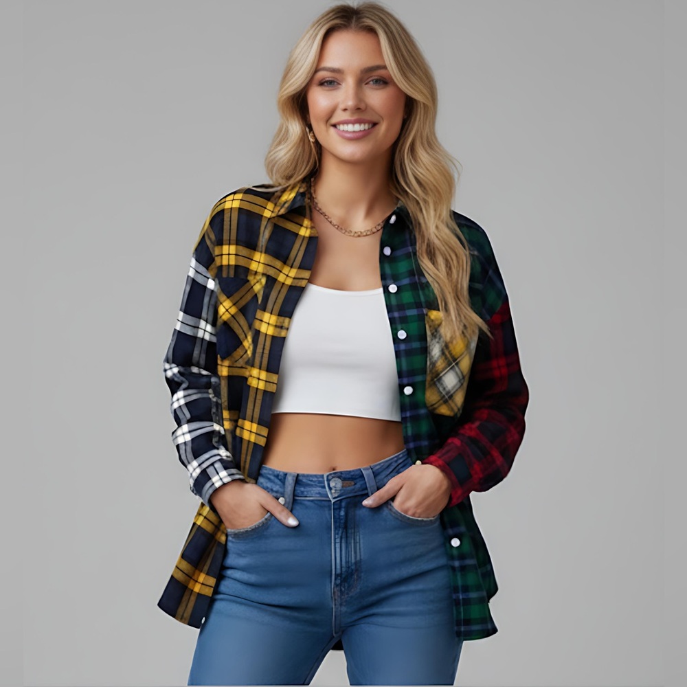 Boyfriend Cotton Color Block Plaid Button Down Shirt